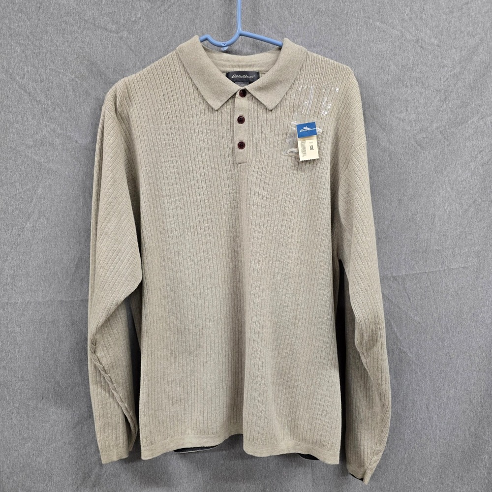 Eddie Bauer Mens XL Long Sleeve Polo Sweater Gravel Beige 100% Cotton Ribbed New